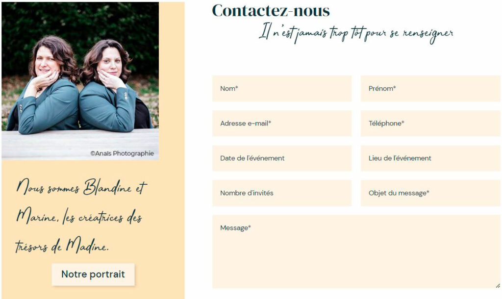Webdesign formulaire de contact des Trésors de Madine, Wedding planner.